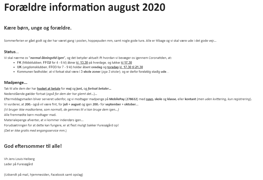 Forældreinformation 20. aug. 2020